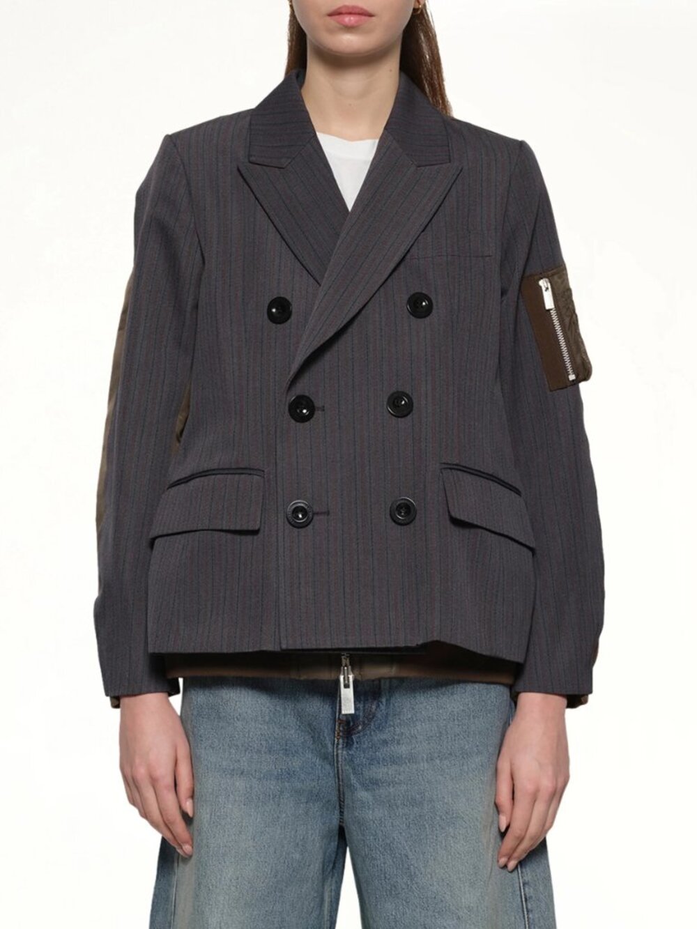 SACAI Gray Wool Twill Striped Doeskin Double Breasted Layered Blazer Jacket 1